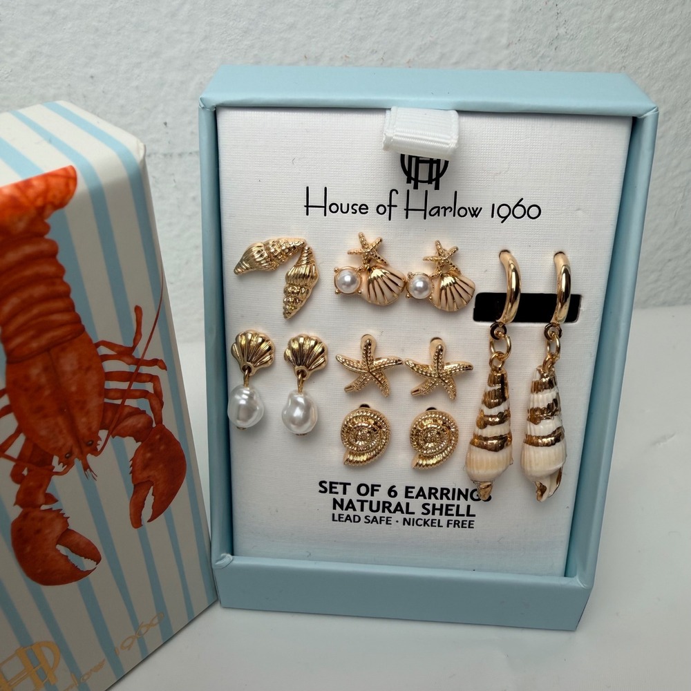 House of Harlow 1960 Set of 6 Natural Shell Earrings Gold Tone Starfish Pearl - Picture 4 of 5